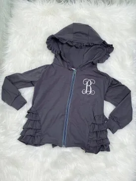 Embroidered Initial B - Grey Girls Ruffle Zip Up Hood Cardigans