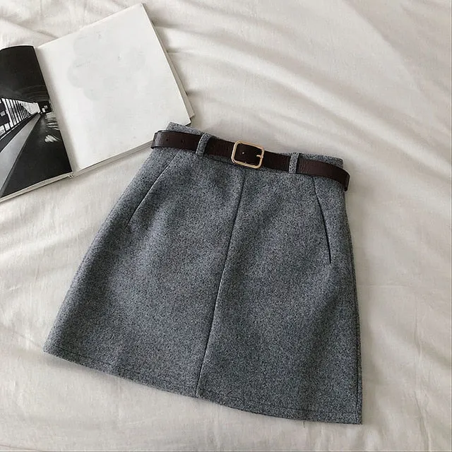 England Solid Women Belt Skirt winter fashion High Waist A-line pocket Skirt Females Mini Office ladies 5 color casual Skirts