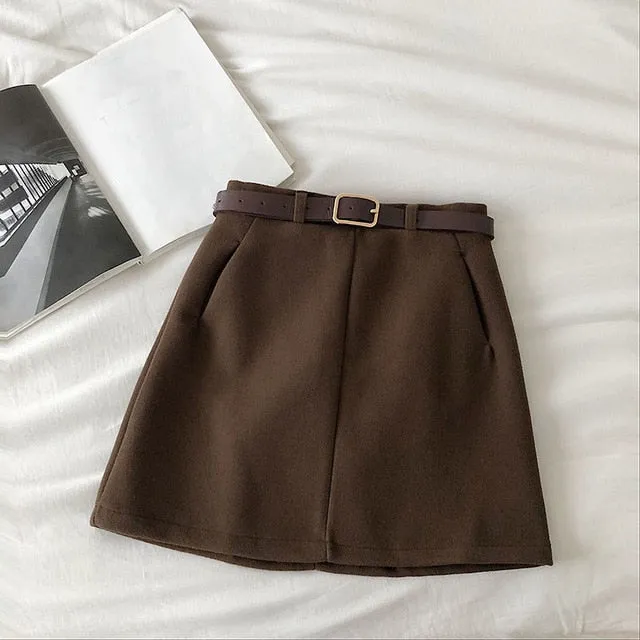 England Solid Women Belt Skirt winter fashion High Waist A-line pocket Skirt Females Mini Office ladies 5 color casual Skirts