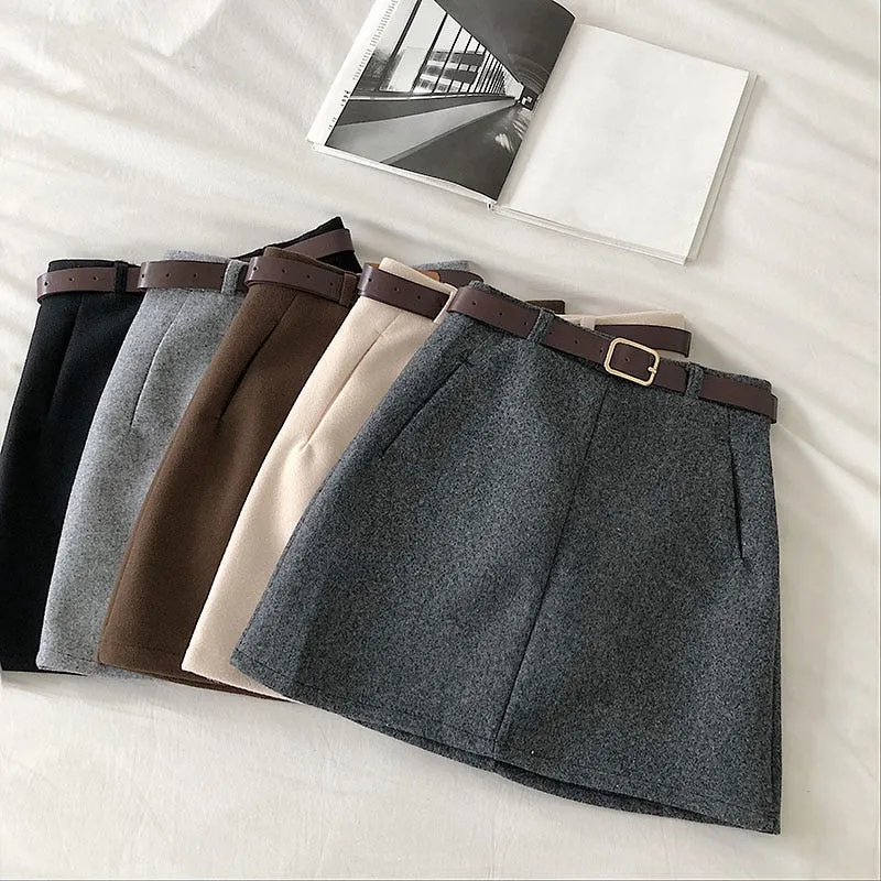 England Solid Women Belt Skirt winter fashion High Waist A-line pocket Skirt Females Mini Office ladies 5 color casual Skirts