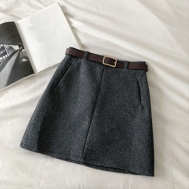 England Solid Women Belt Skirt winter fashion High Waist A-line pocket Skirt Females Mini Office ladies 5 color casual Skirts