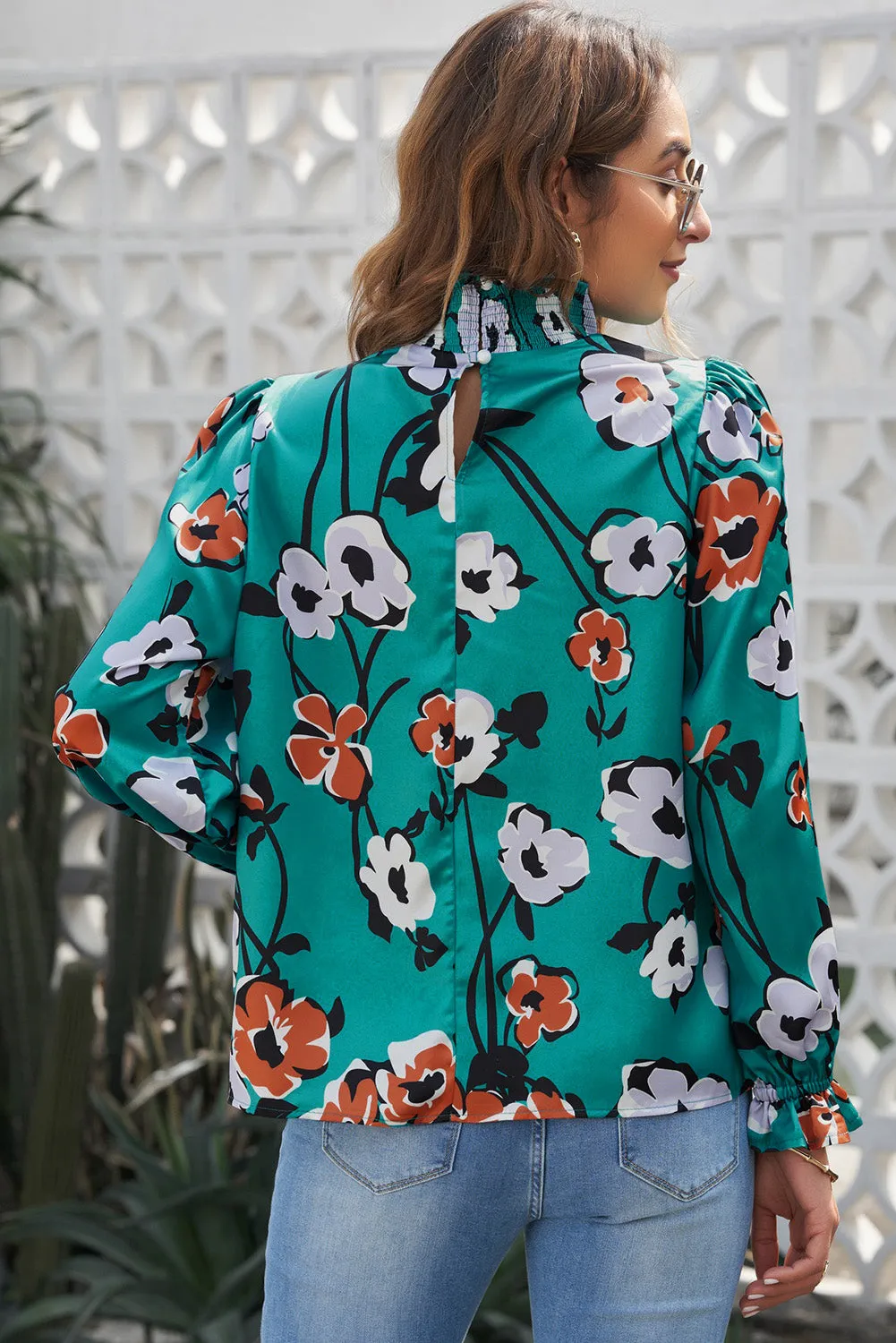 Floral Print Smocked Mock Neck Blouse