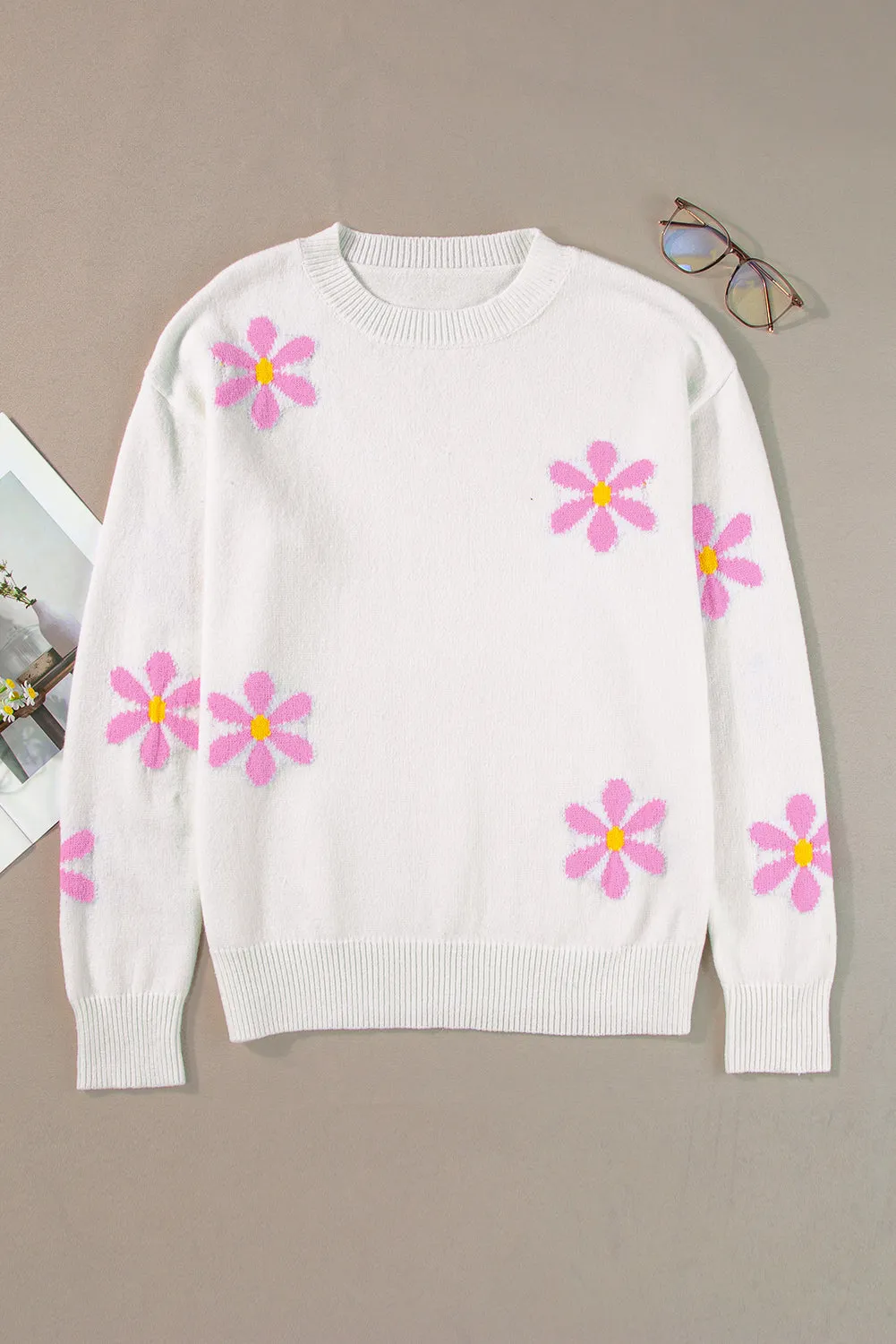 Flower Ribbed Edge Elegant Sweater