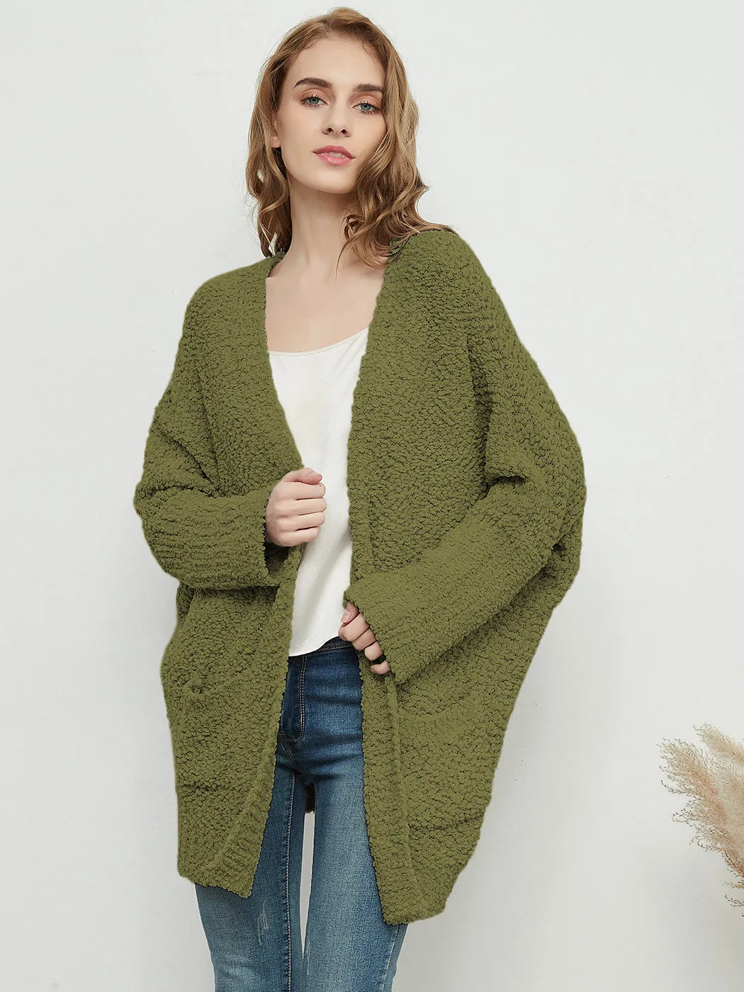 Fuzzy Chunky Cardigan Batwing Sleeve Lightweight duster Sherpa Slouchy Open Sweater Coat