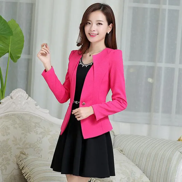 Gizmosy Spring Women Slim Blazer Coat 2017 Plus Size Casual Jacket Long Sleeve One Button Suit Lady Blazers Work Wear BN026