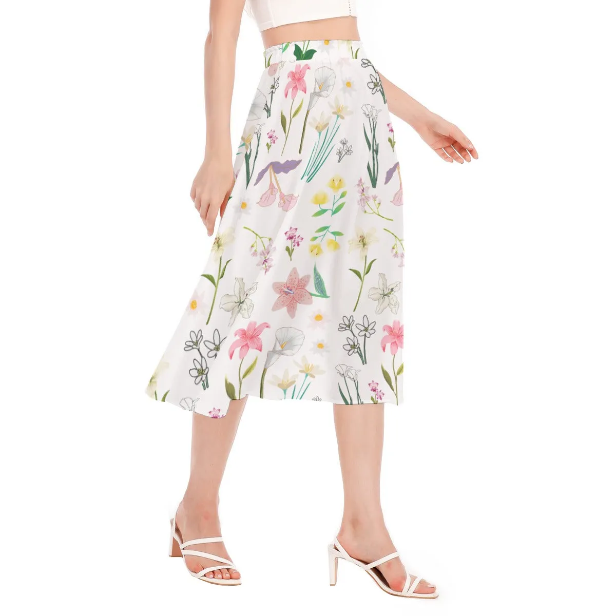 Graphic Lillies White Chiffon Skirt No Pockets up to 2XL (FWS)