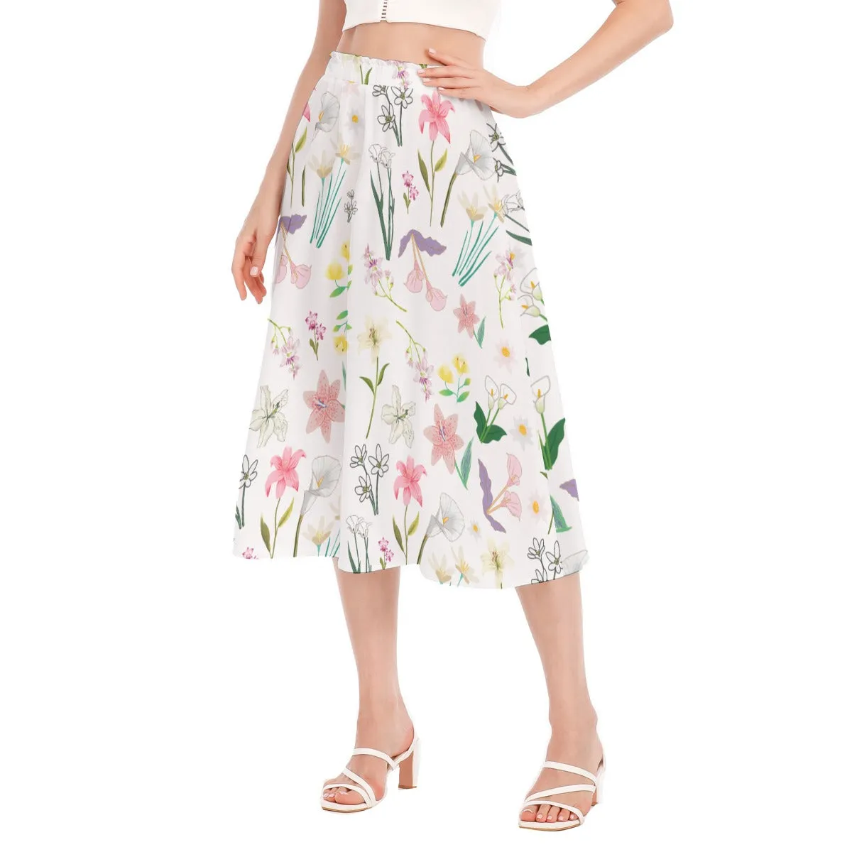 Graphic Lillies White Chiffon Skirt No Pockets up to 2XL (FWS)