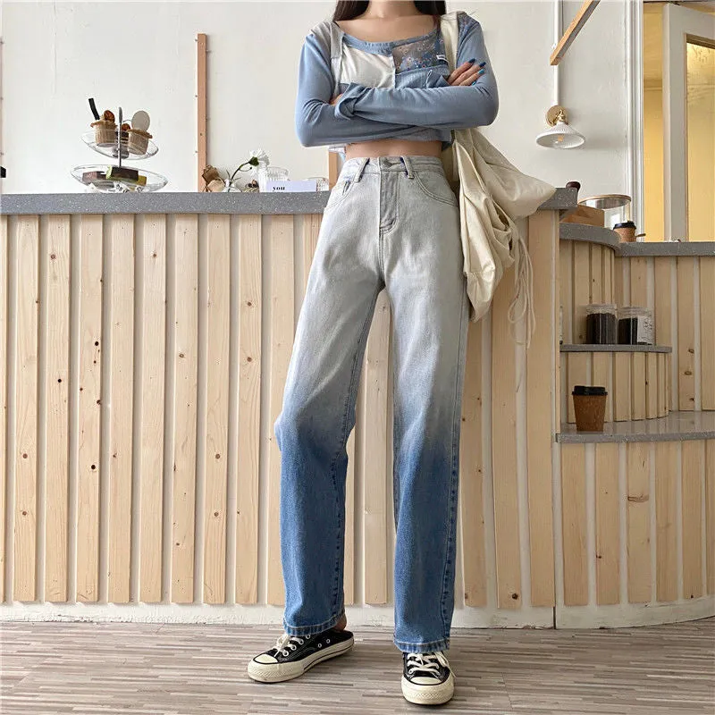 High Waist Gradient Loose Long Jeans