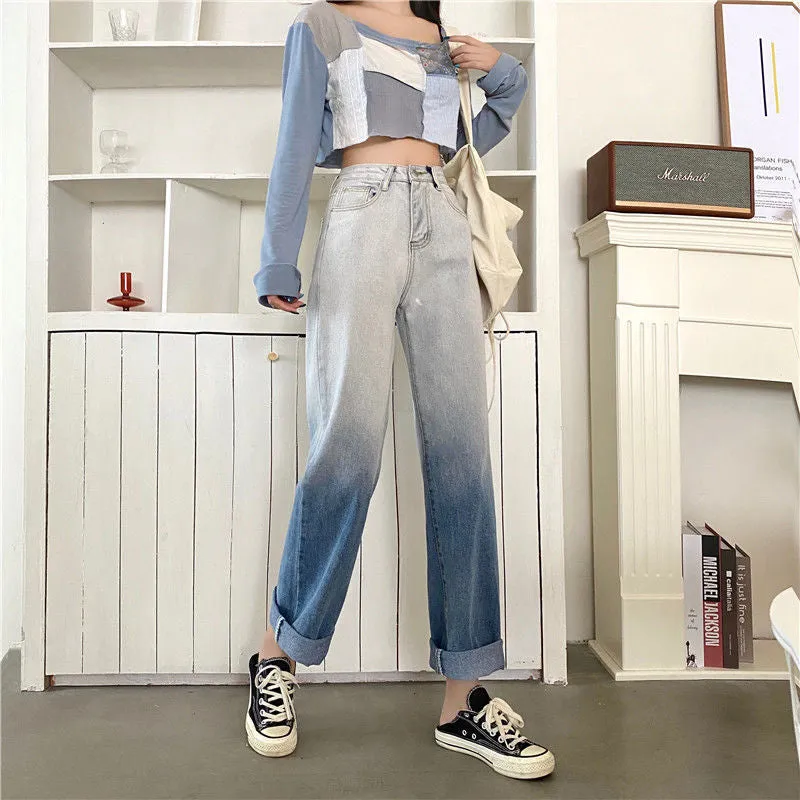 High Waist Gradient Loose Long Jeans