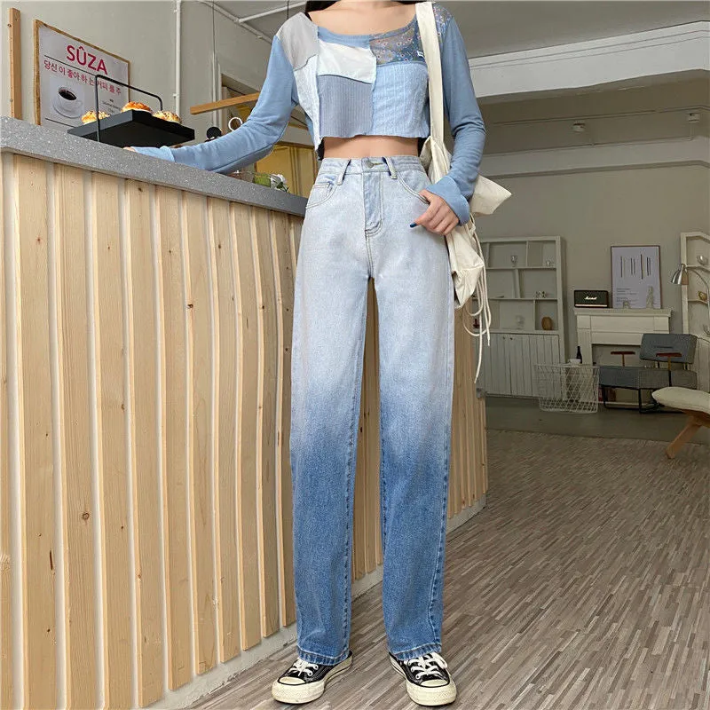 High Waist Gradient Loose Long Jeans