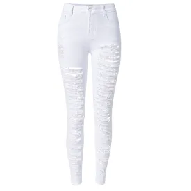 Individuality White High Waist Pencil Pants Women's Ripped Jeans