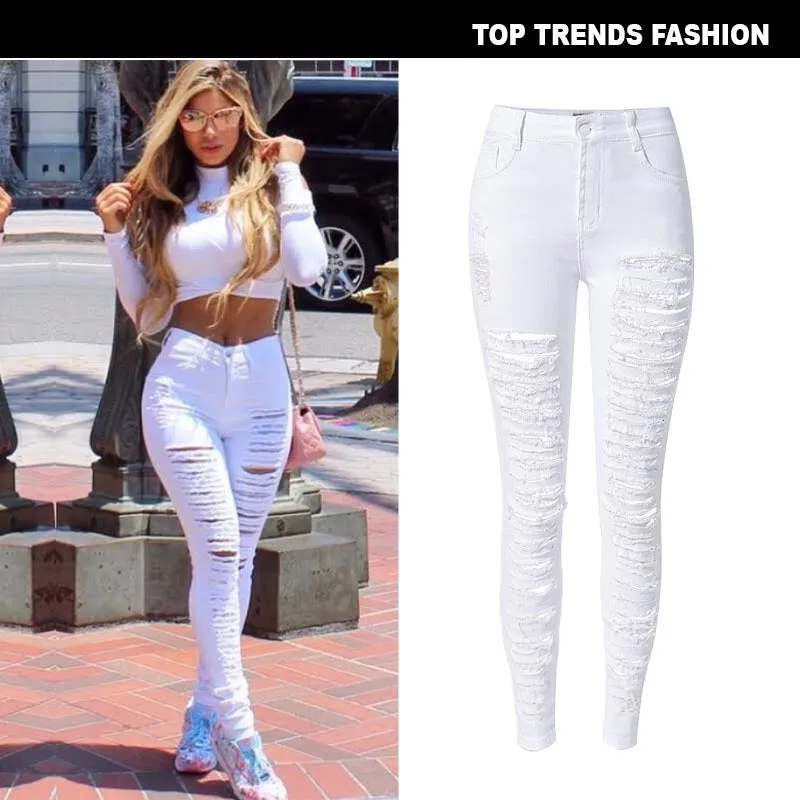 Individuality White High Waist Pencil Pants Women's Ripped Jeans