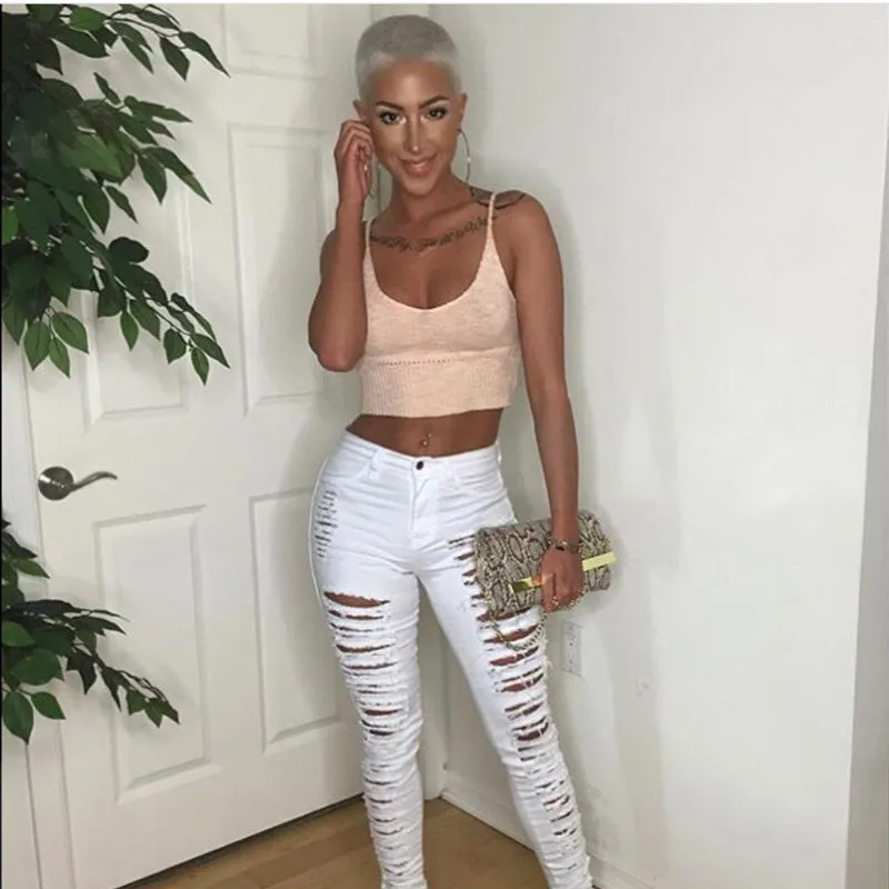 Individuality White High Waist Pencil Pants Women's Ripped Jeans