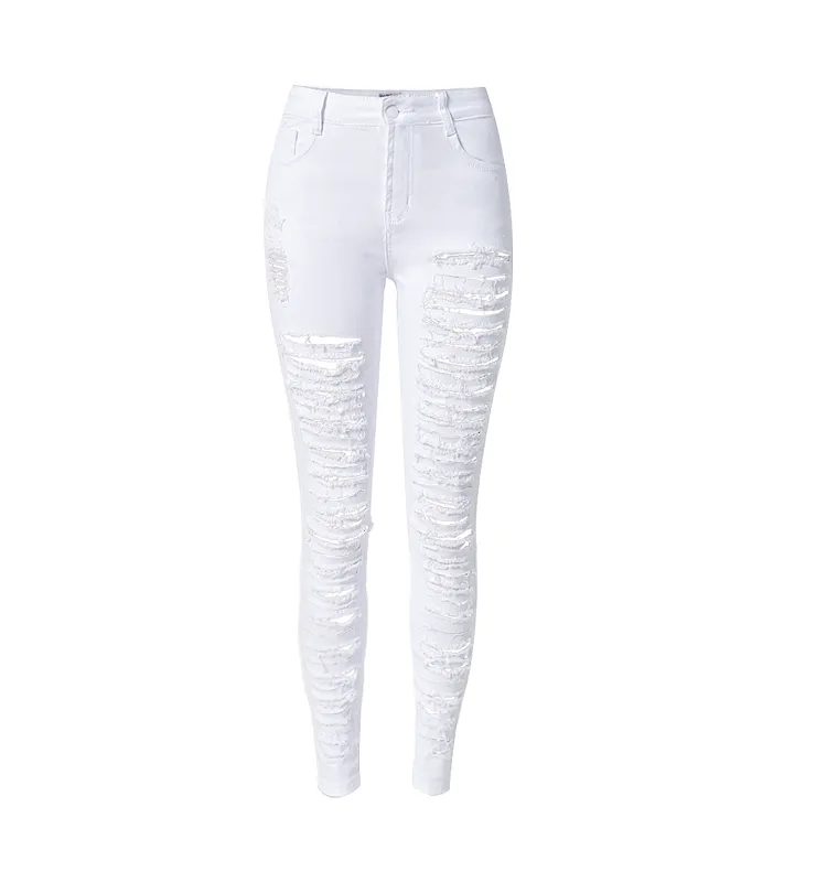 Individuality White High Waist Pencil Pants Women's Ripped Jeans