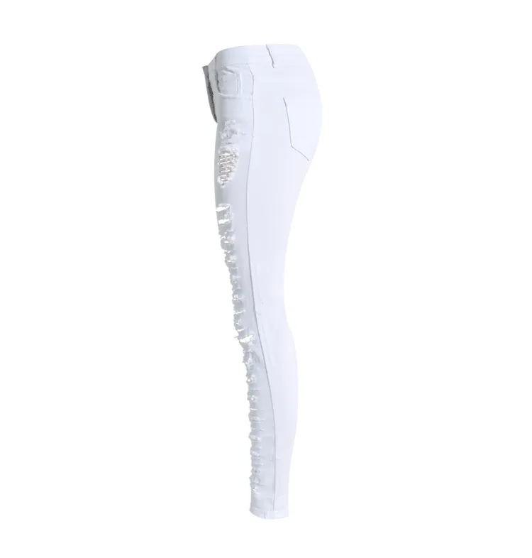 Individuality White High Waist Pencil Pants Women's Ripped Jeans