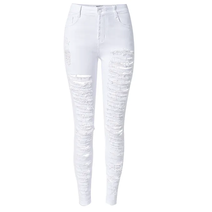 Individuality White High Waist Pencil Pants Women's Ripped Jeans