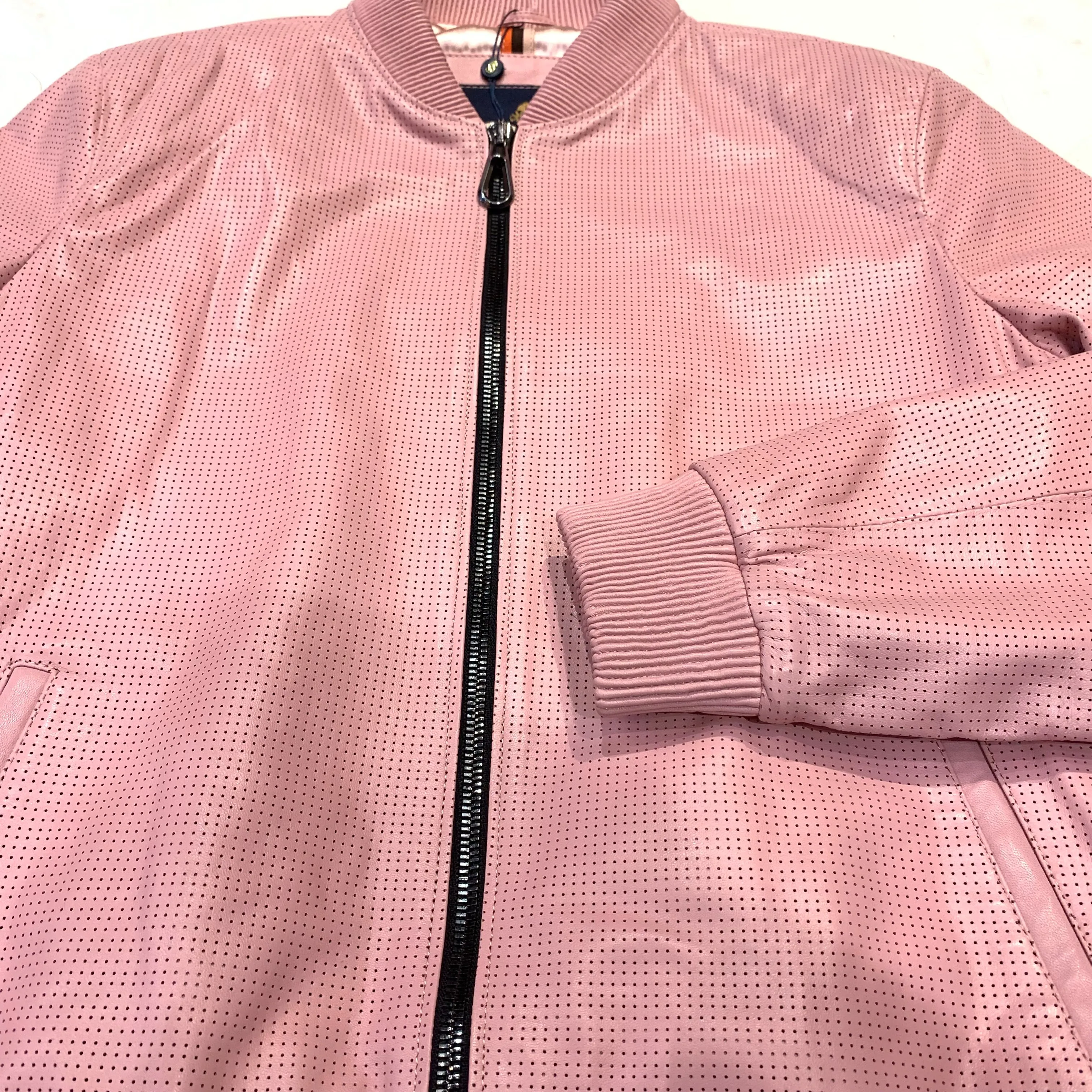 Kashani Baby Pink Perforated Lambskin Bomber Jacket