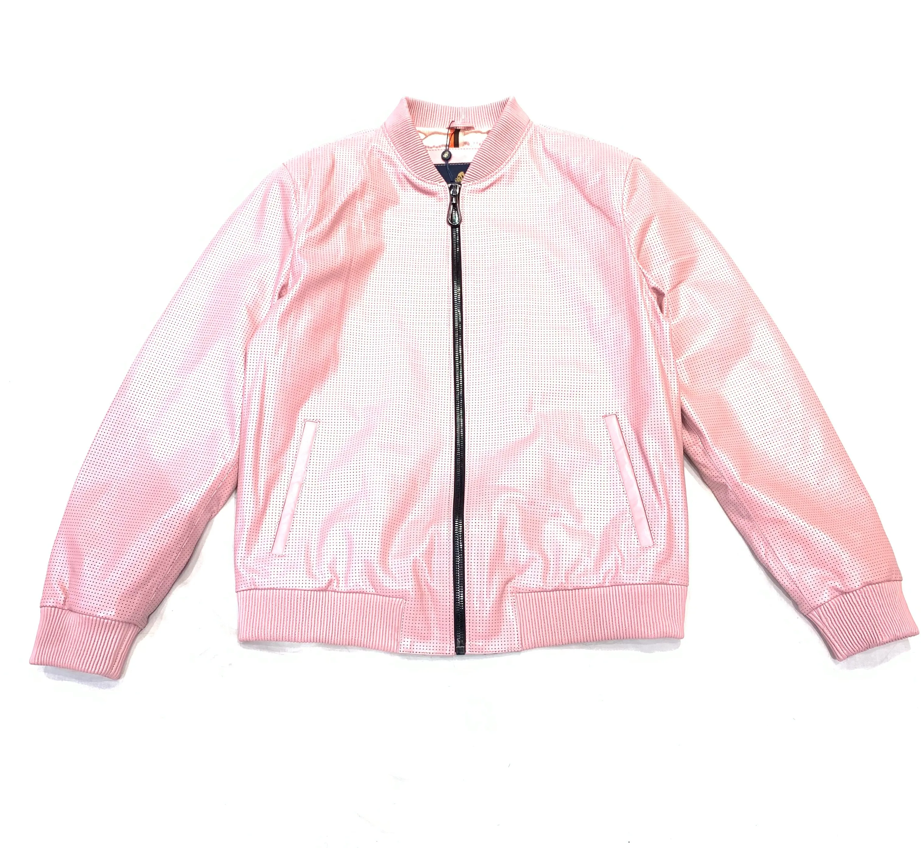 Kashani Baby Pink Perforated Lambskin Bomber Jacket