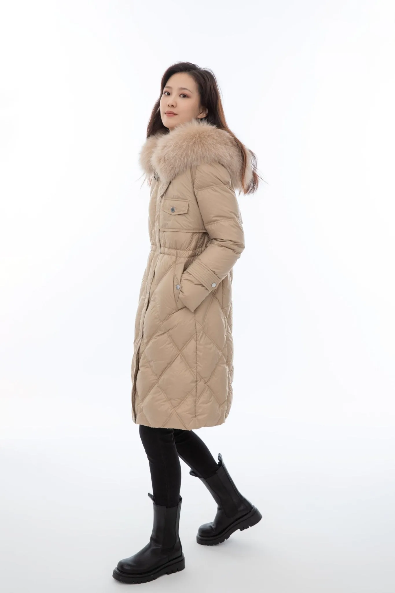 Khaki Fur Collar Down Jacket