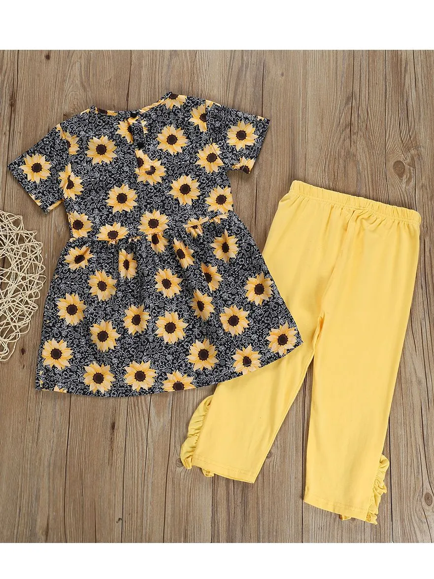 Kids Sunflower Clothing 2-Piece Outfit Dress Top Matching Yellow Ruffle Trousers Summer Wholesale