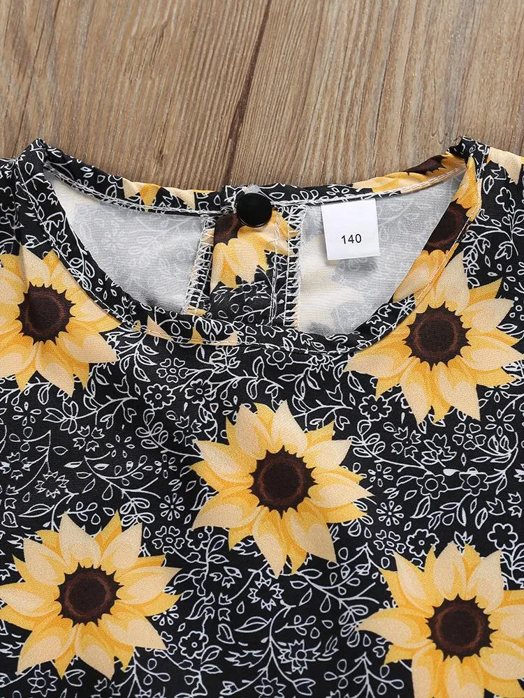 Kids Sunflower Clothing 2-Piece Outfit Dress Top Matching Yellow Ruffle Trousers Summer Wholesale