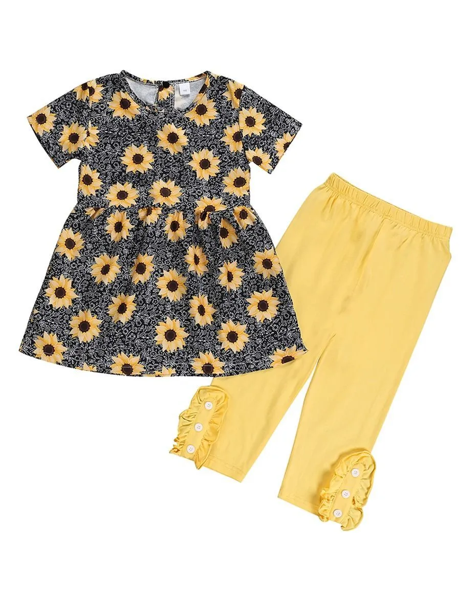 Kids Sunflower Clothing 2-Piece Outfit Dress Top Matching Yellow Ruffle Trousers Summer Wholesale