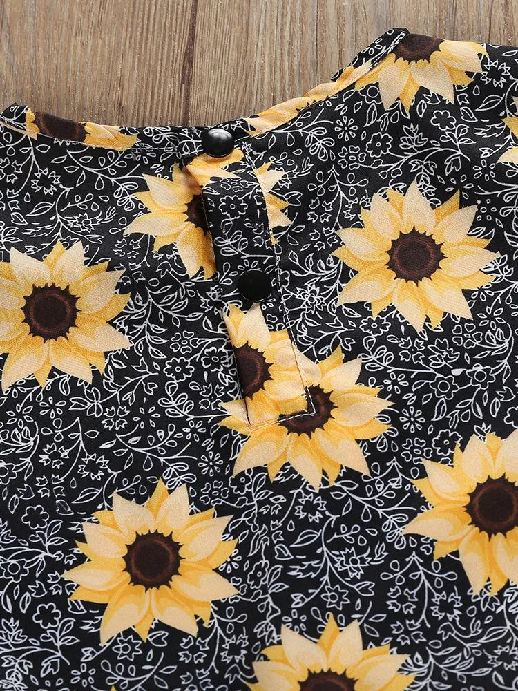 Kids Sunflower Clothing 2-Piece Outfit Dress Top Matching Yellow Ruffle Trousers Summer Wholesale