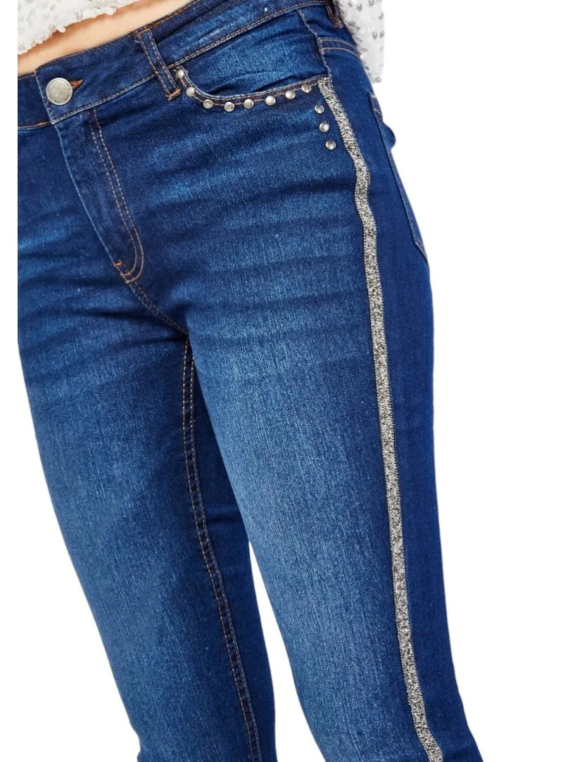 Ladies Blue Denim Mid Rise Stretchy Side Lurex Jeans