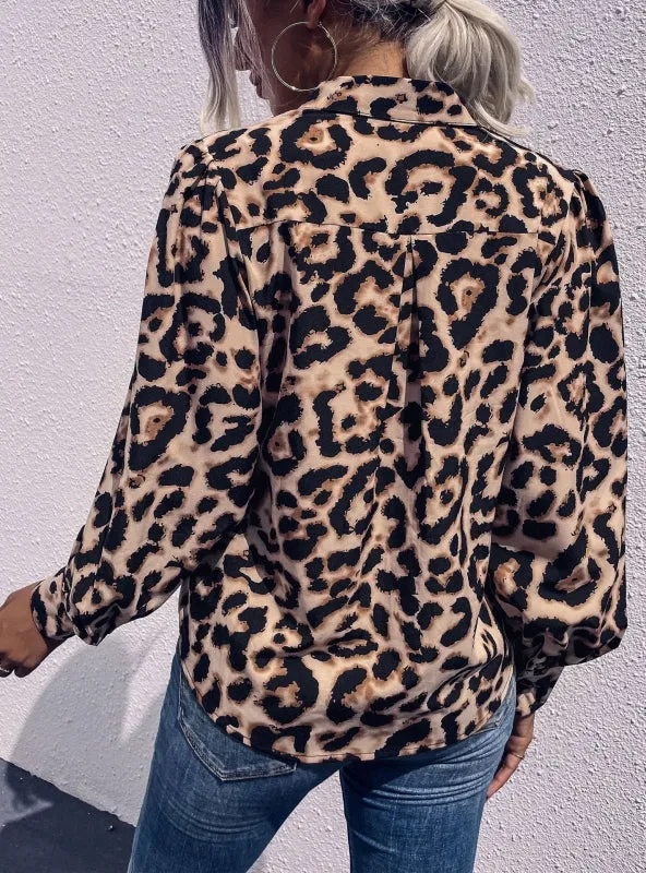 Long Sleeve Lapel Leopard Print Shirt