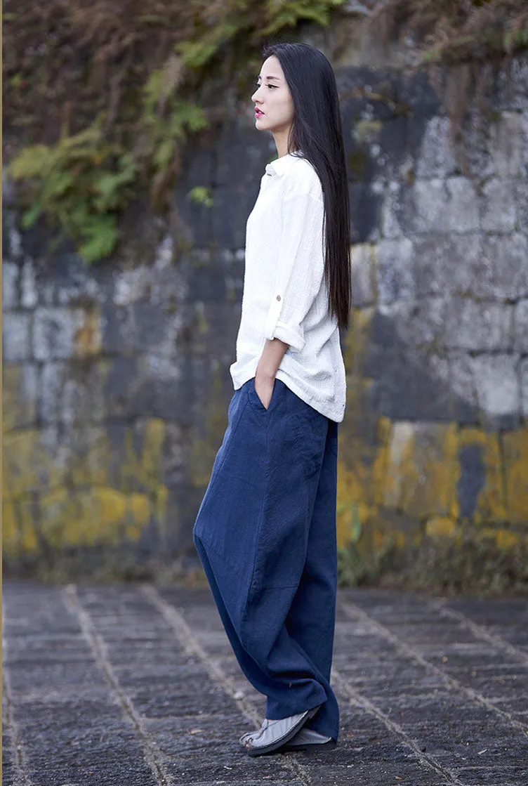 Loose linen lanten pants with Ethnic style J094