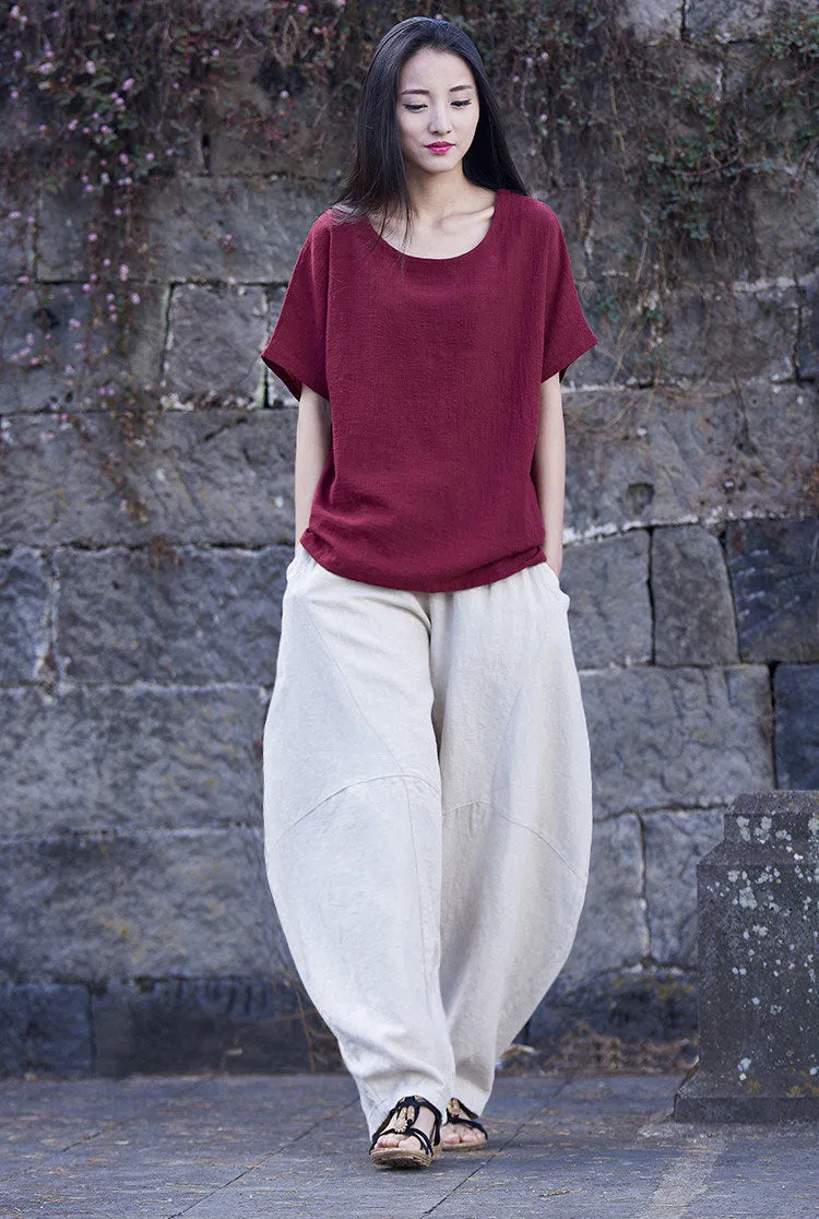 Loose linen lanten pants with Ethnic style J094