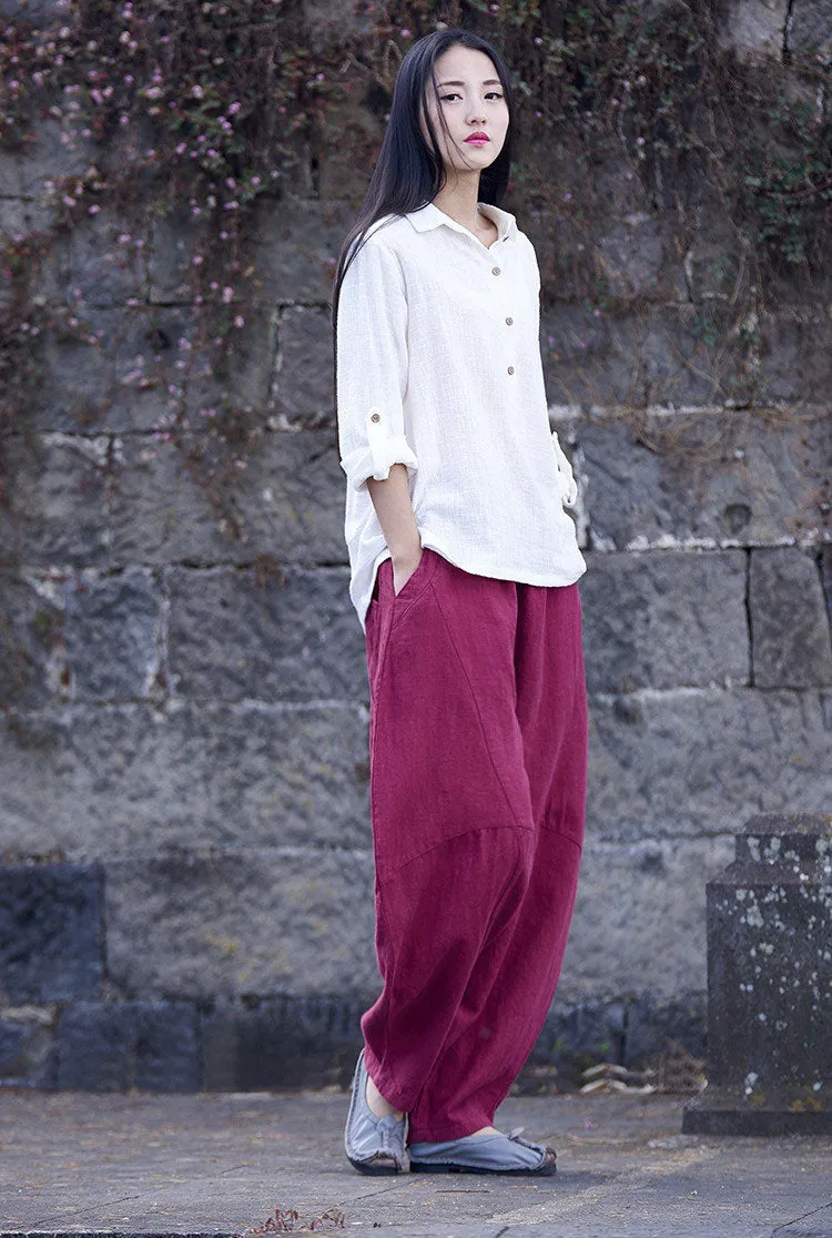 Loose linen lanten pants with Ethnic style J094