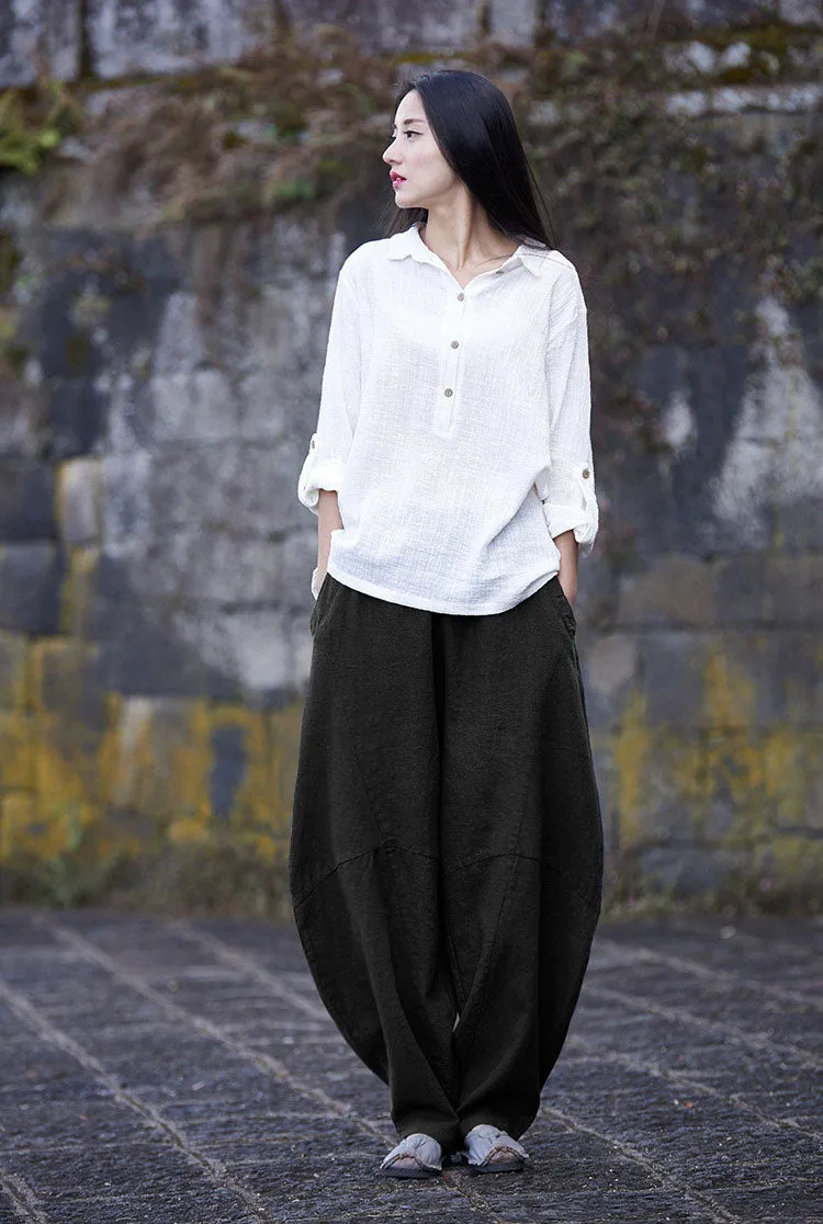 Loose linen lanten pants with Ethnic style J094