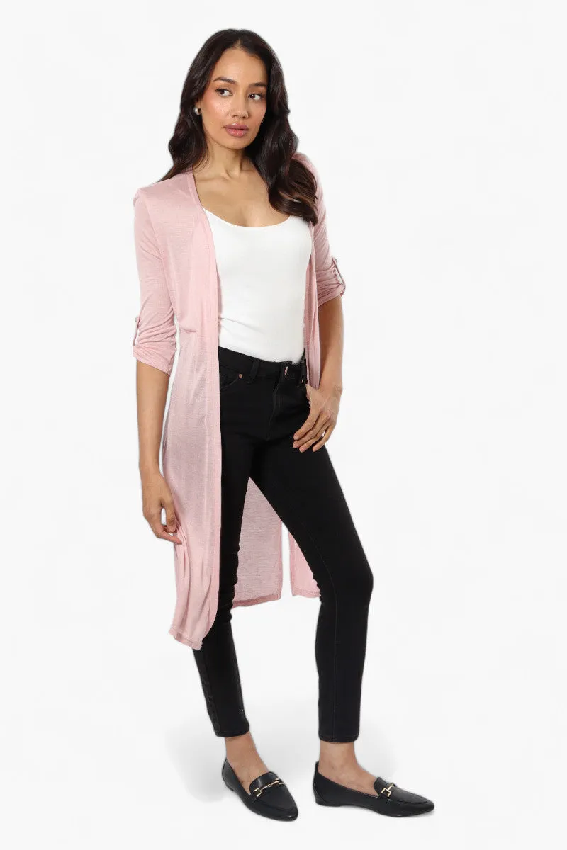 Magazine Roll Up Sleeve Open Duster Cardigan - Pink