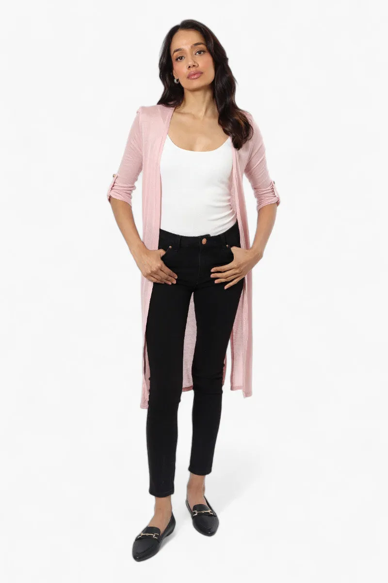 Magazine Roll Up Sleeve Open Duster Cardigan - Pink