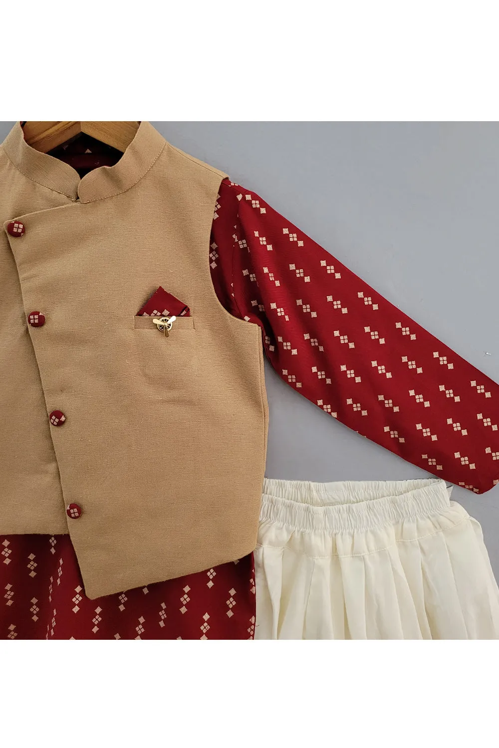 Maroon Printed Kurta With Beige Jacket Set