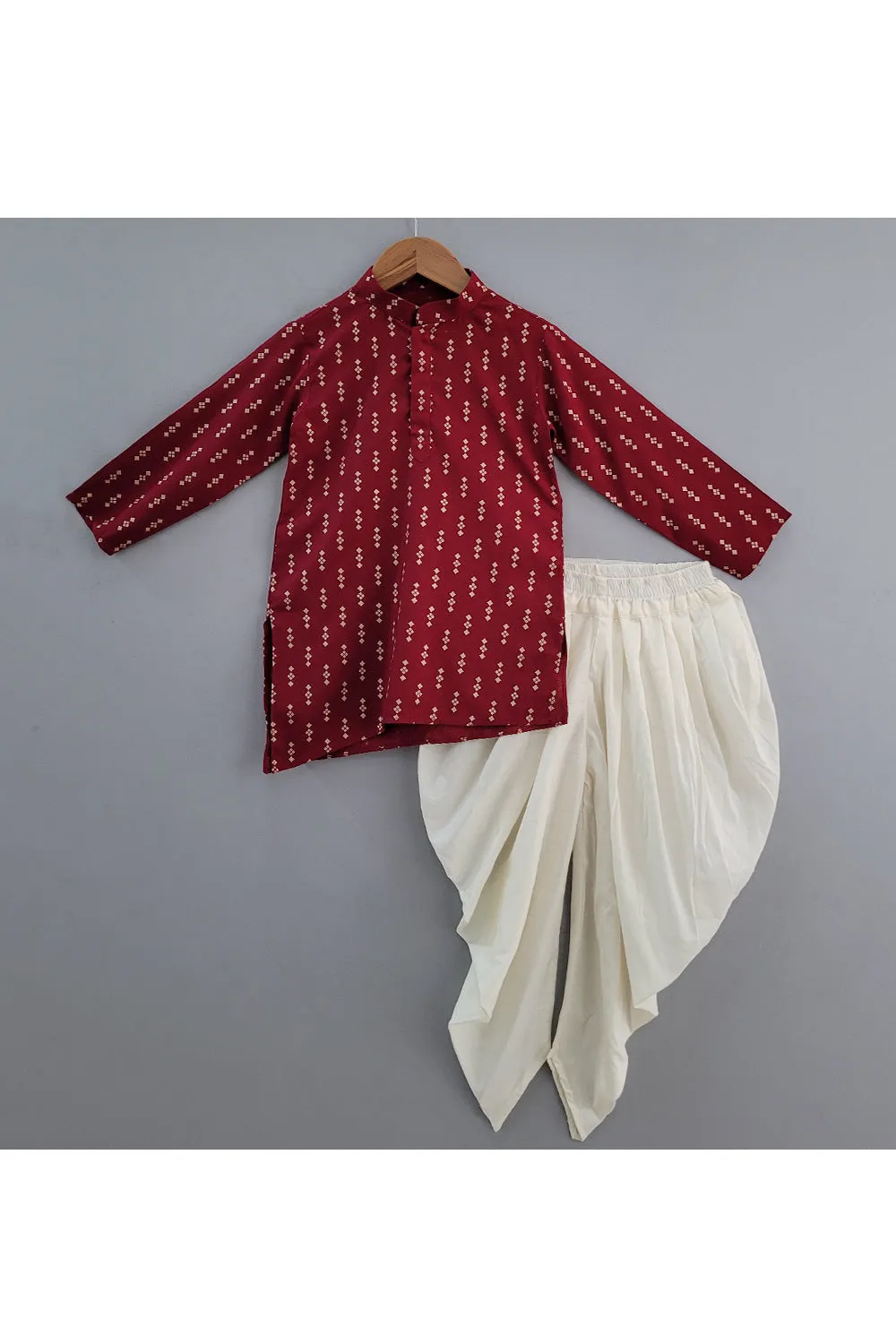 Maroon Printed Kurta With Beige Jacket Set