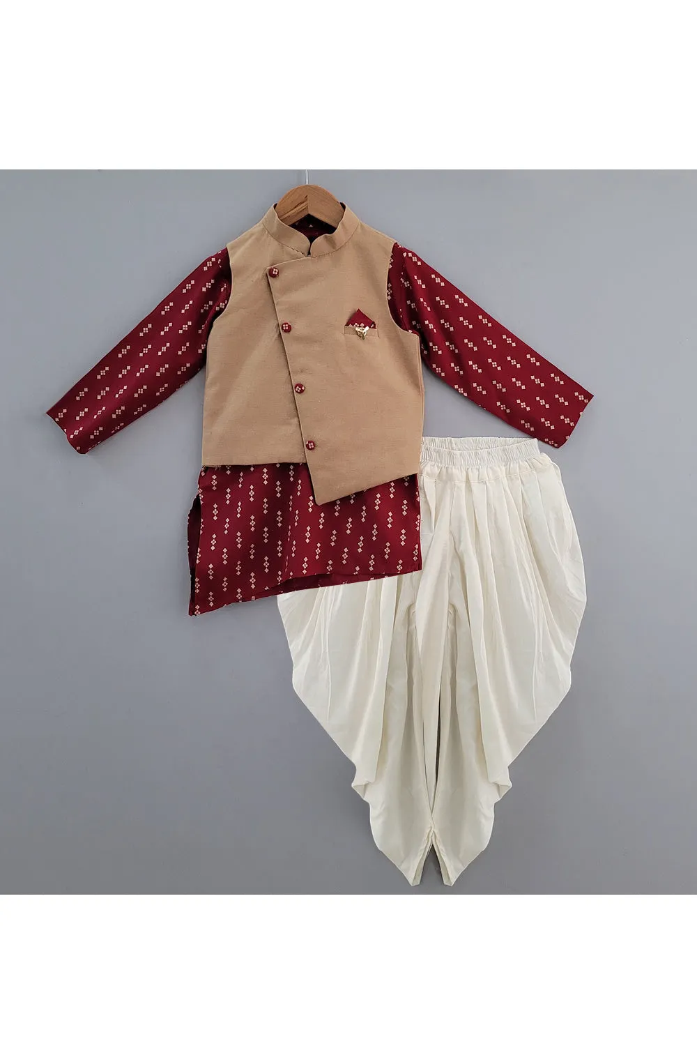 Maroon Printed Kurta With Beige Jacket Set