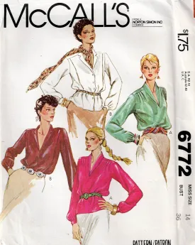 McCall's 6772 Womens Classic Long Sleeved Blouses 1970s Vintage Sewing Pattern Size 14 Bust 36 inches UNCUT Factory Folded