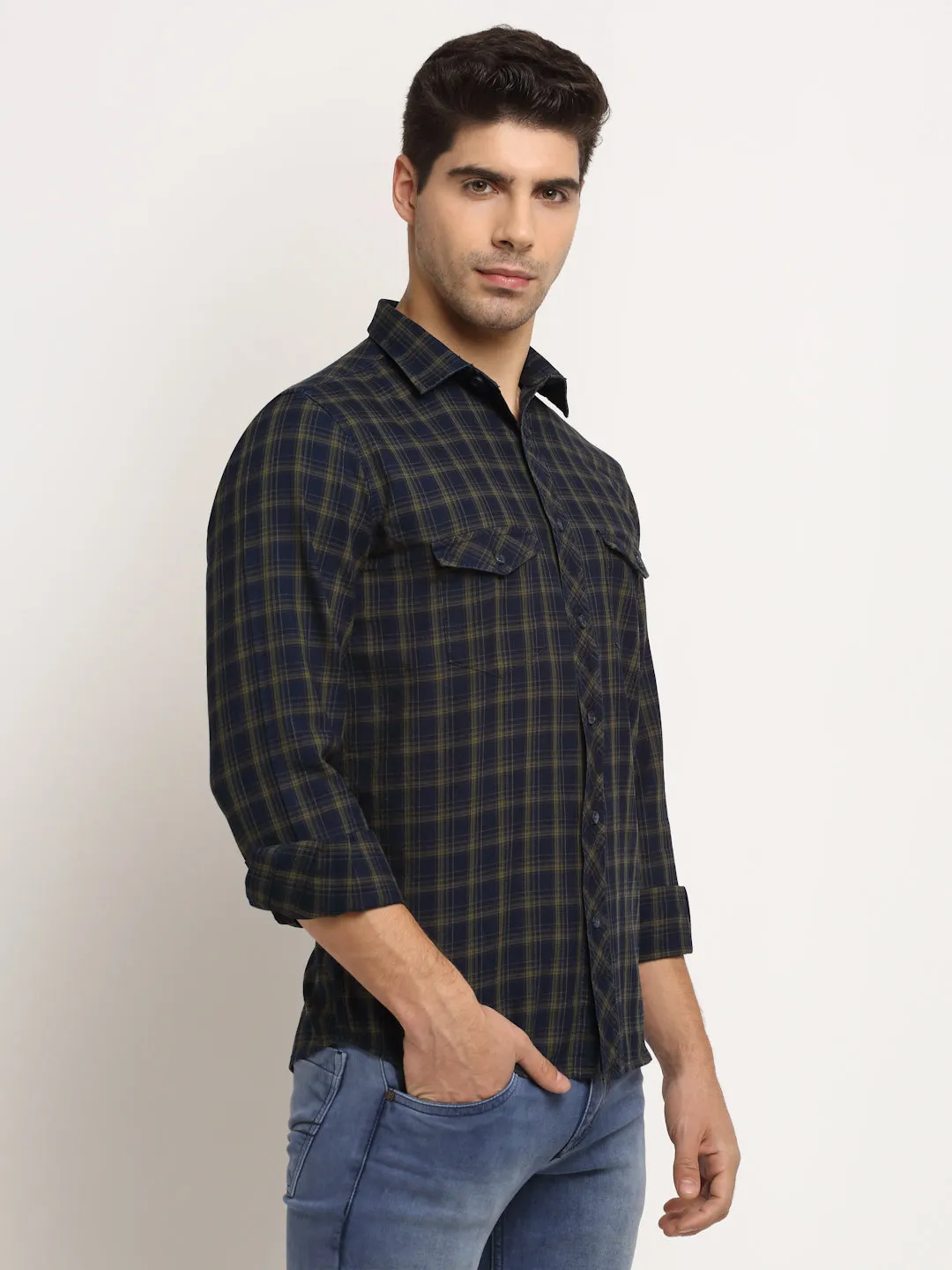 Men Cotton Checkered Olive Full Sleeve Casual Shirt for Men with Pocket