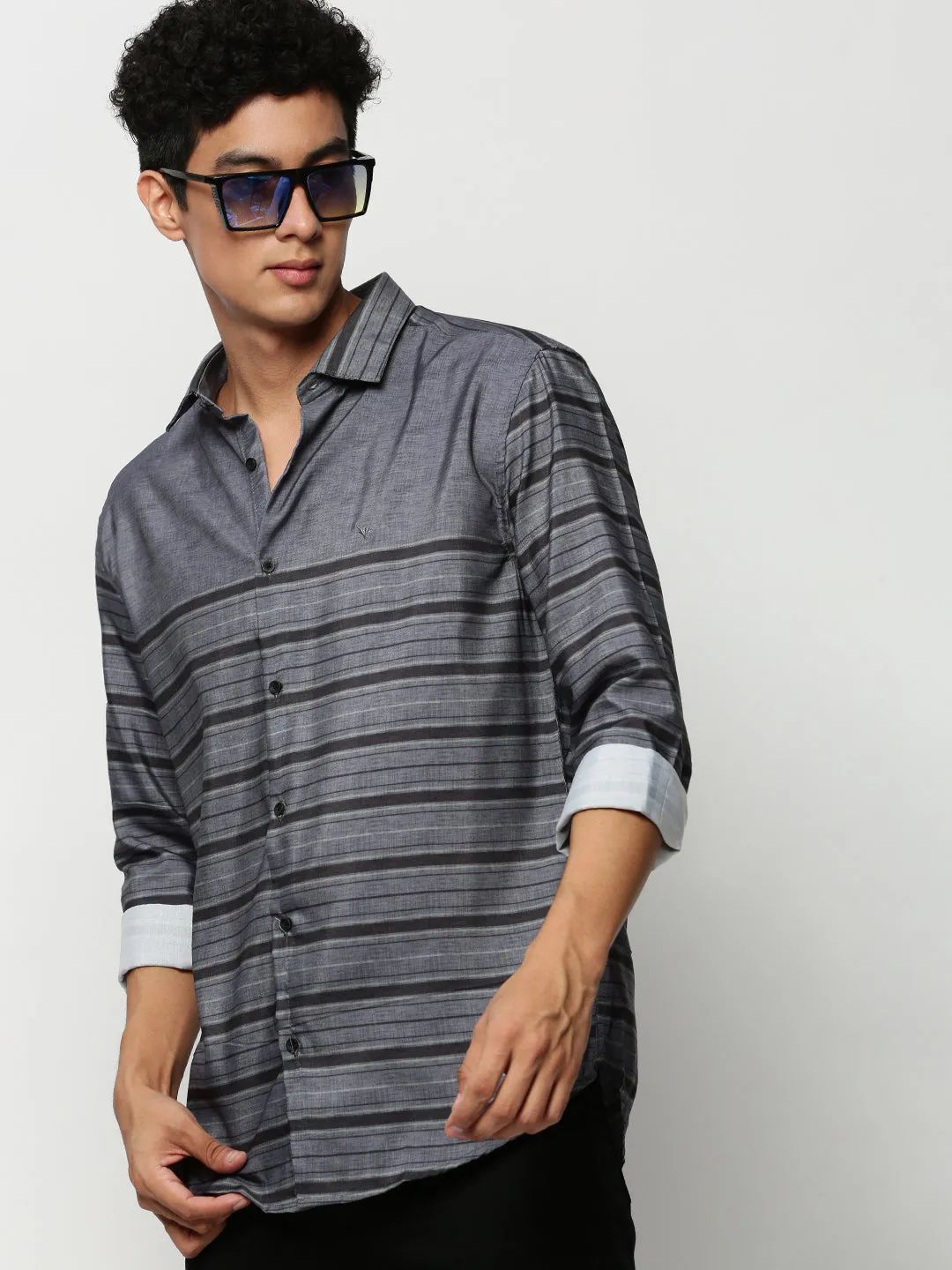 Men Grey Striped Casual Casual Shirts