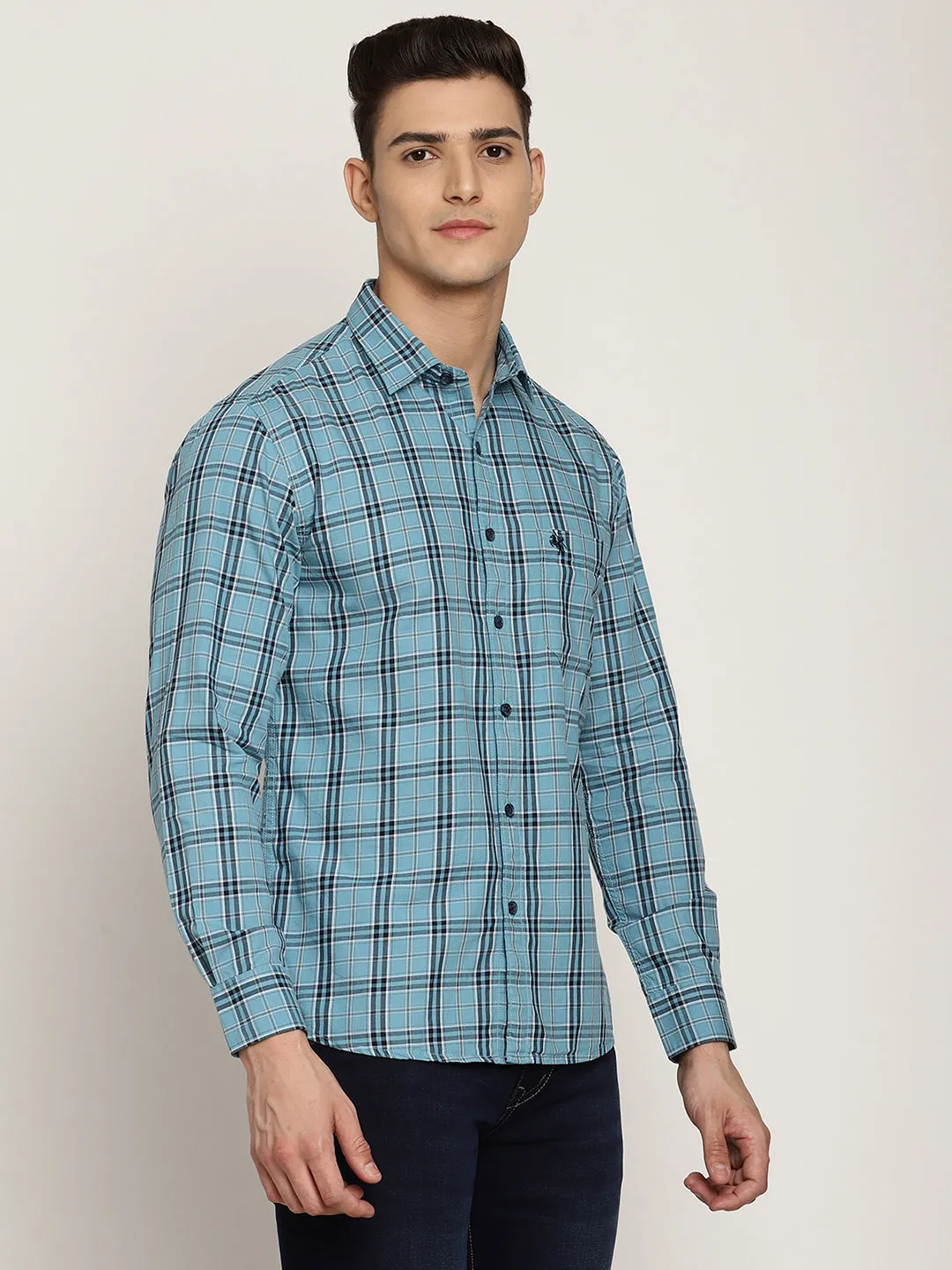 Men's Blue Casual Medium Checks Full Sleeve Shirt