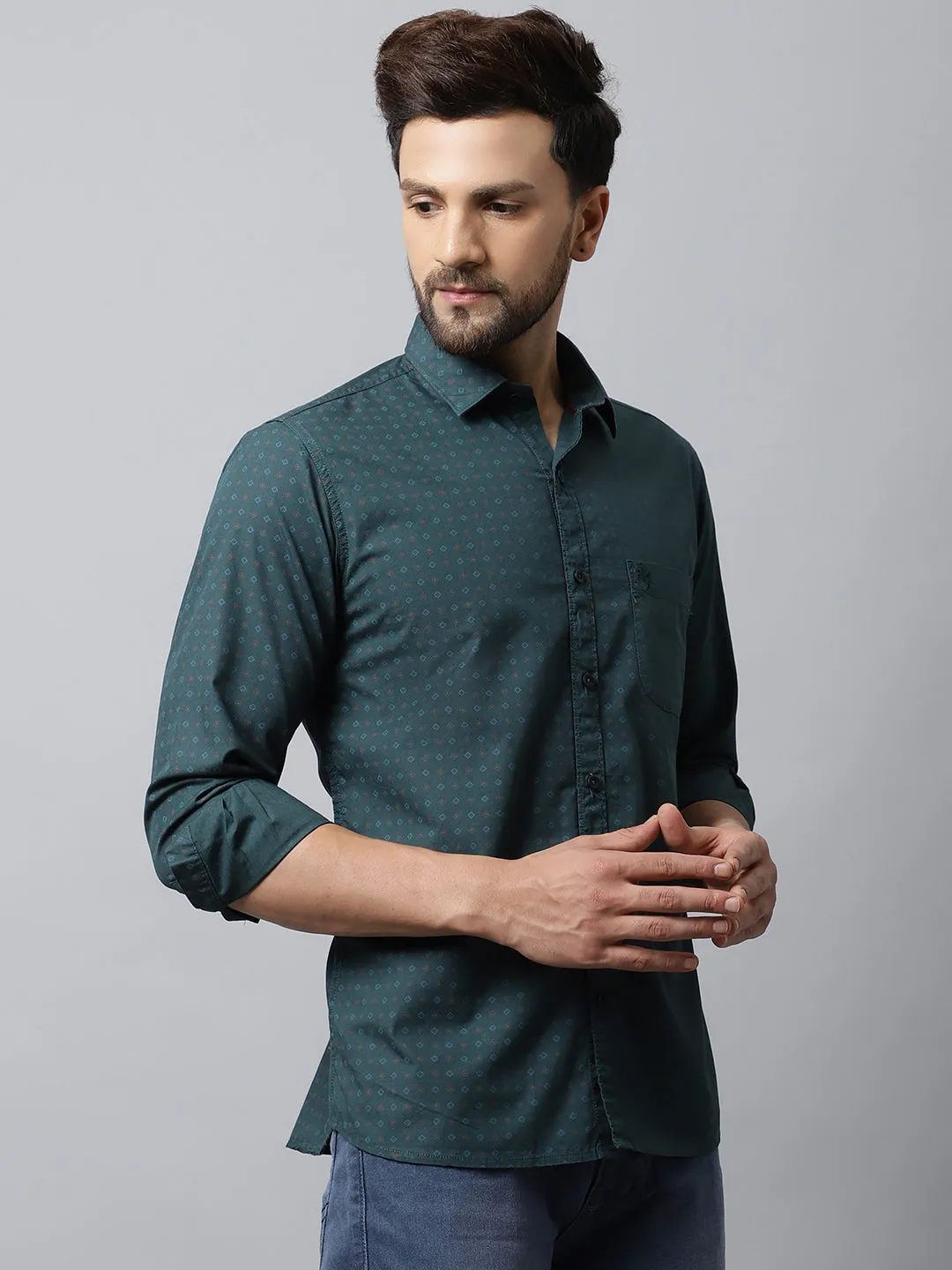 Men's Bottle Green Casual Geometric Print Full Sleeve Shirt