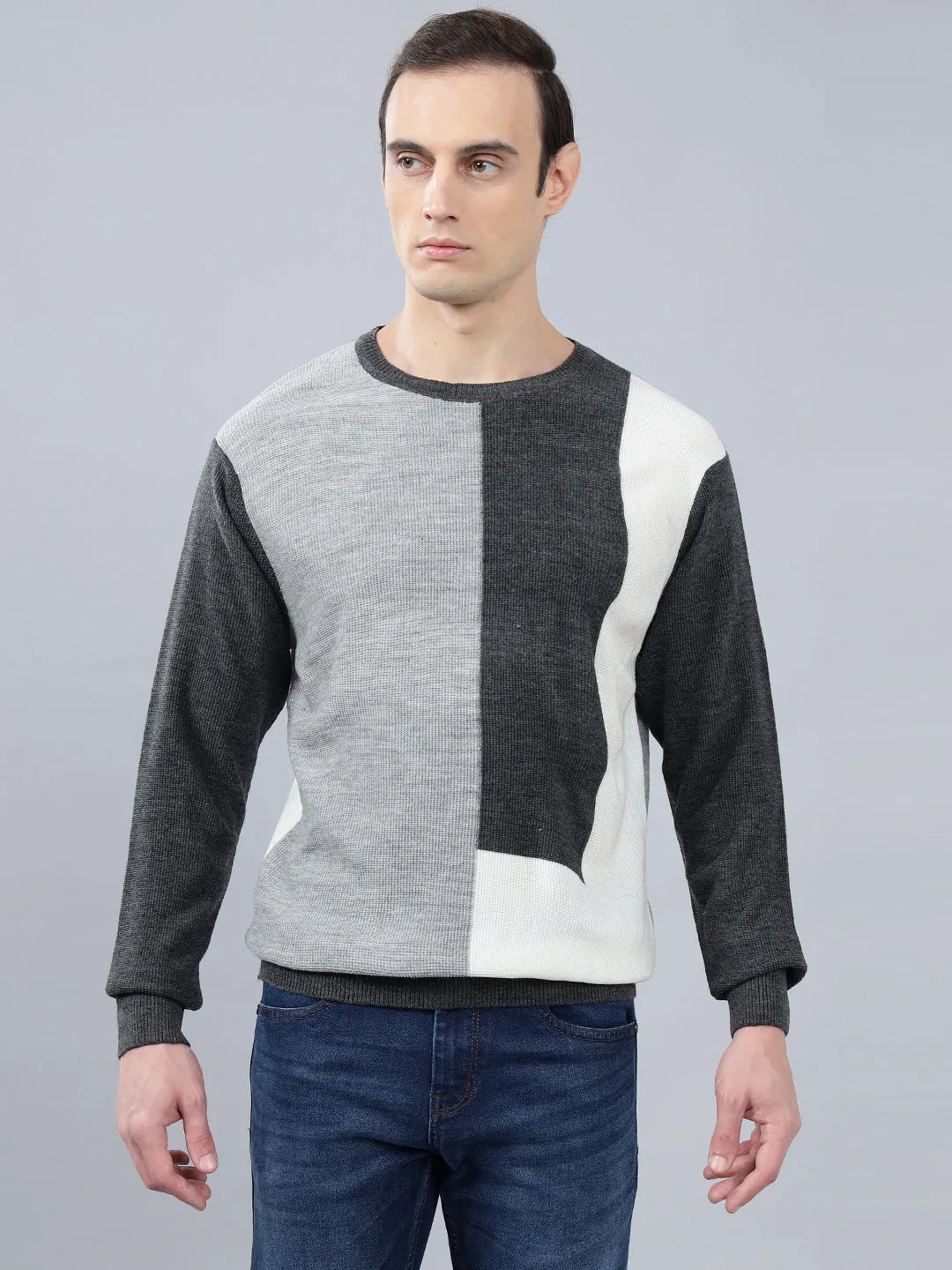 Men's Color Block Grey Full Sleeve Sweater