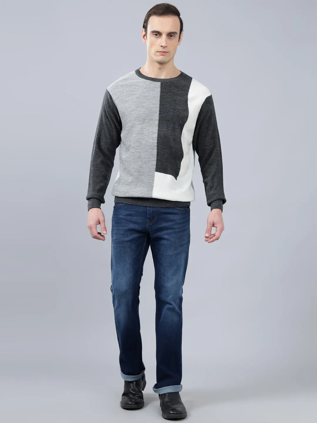 Men's Color Block Grey Full Sleeve Sweater