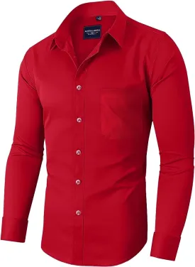 Men's Dress Shirts Wrinkle-Free Long Sleeve Stretch Solid Formal Business Button Down Shirt with Pocket - Red