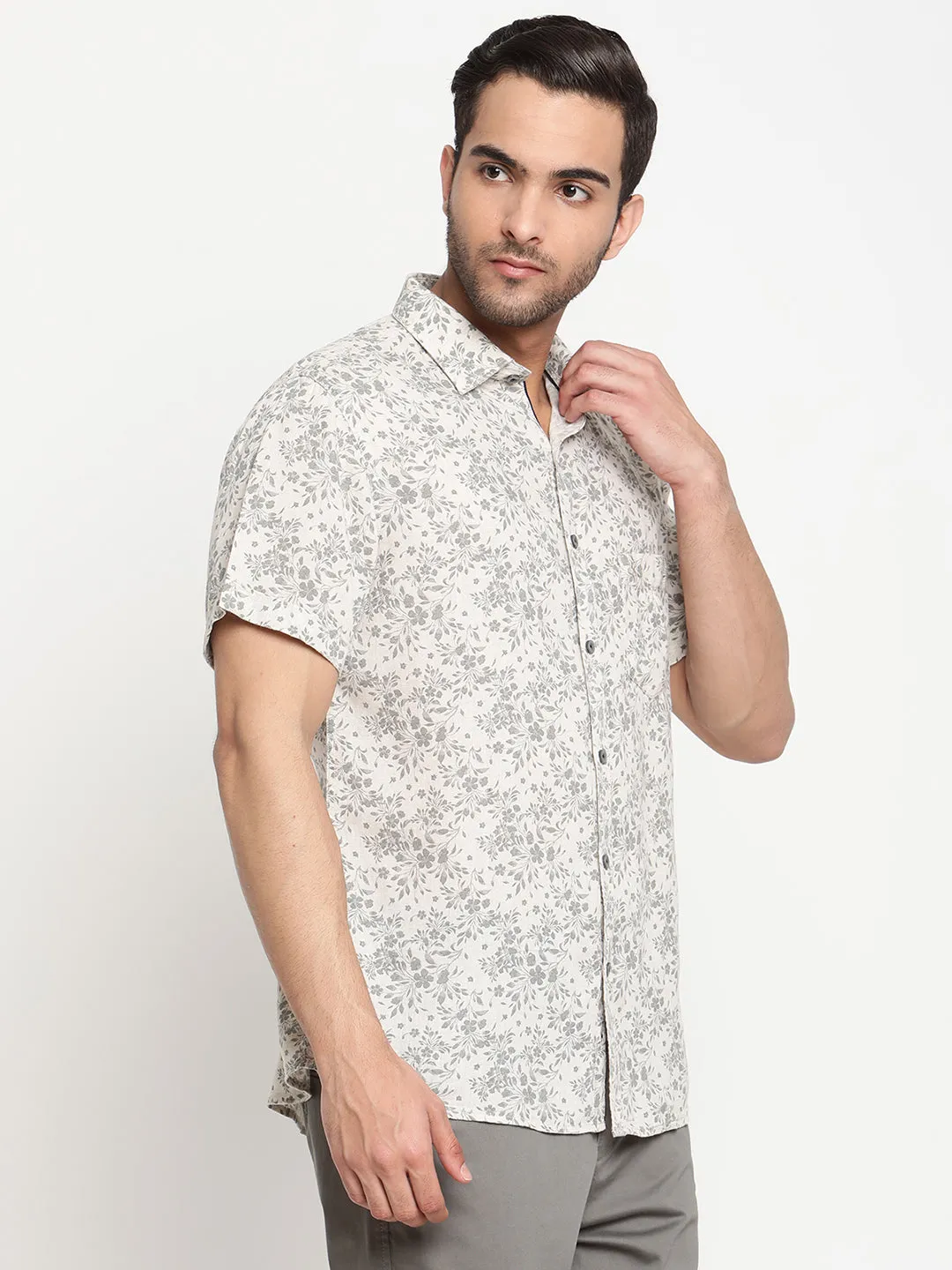 Men's Ecru Casual Floral Print Half Sleeve Shirt