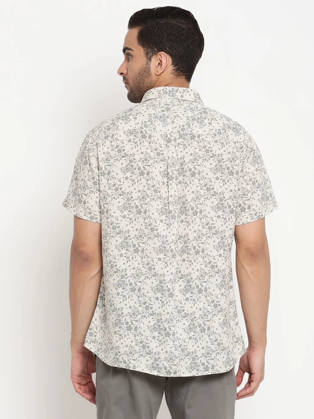 Men's Ecru Casual Floral Print Half Sleeve Shirt