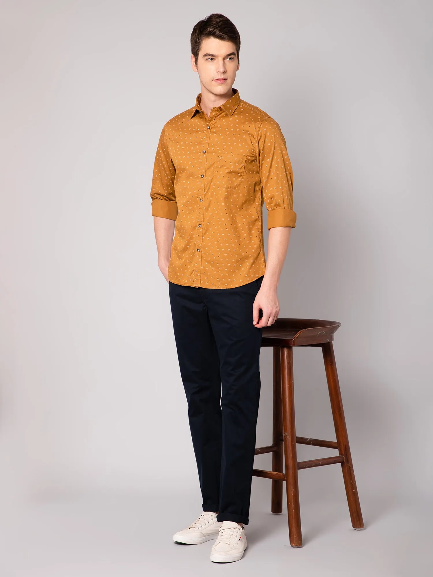 Men's Golden Yellow Casual Floral Print Full Sleeve Shirt