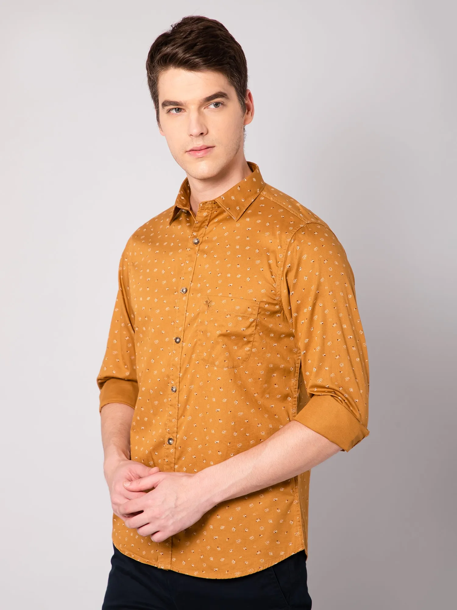 Men's Golden Yellow Casual Floral Print Full Sleeve Shirt